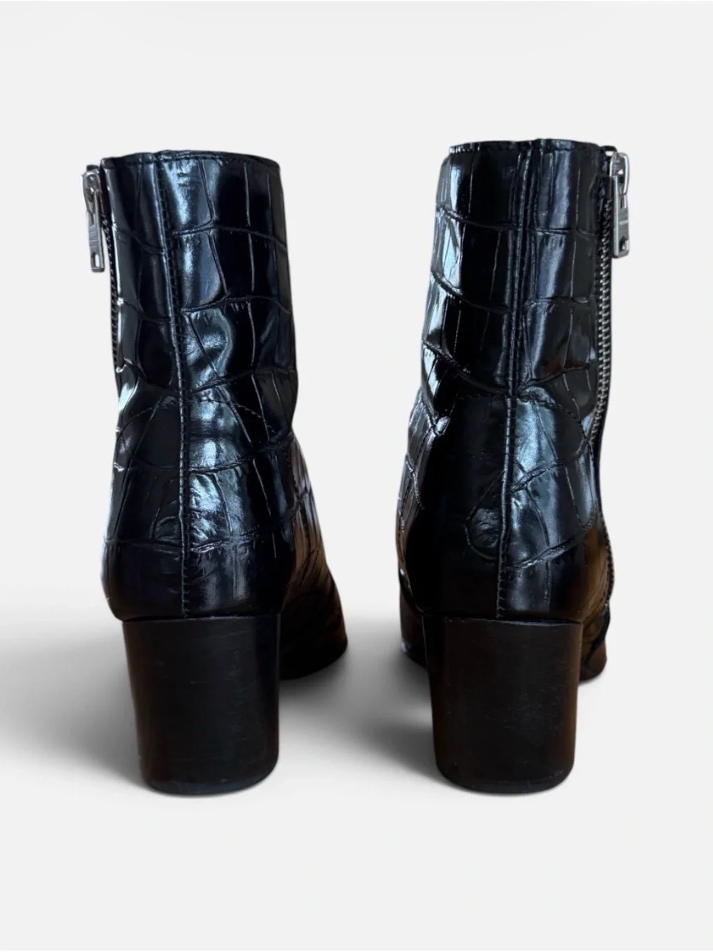 AllSaints Aster Croc Embossed Black Leather Boots Size 37